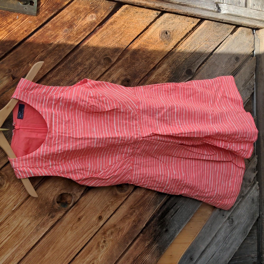 Gap dress linen coral striped scoop/v-neck sleeveless zippered back 8